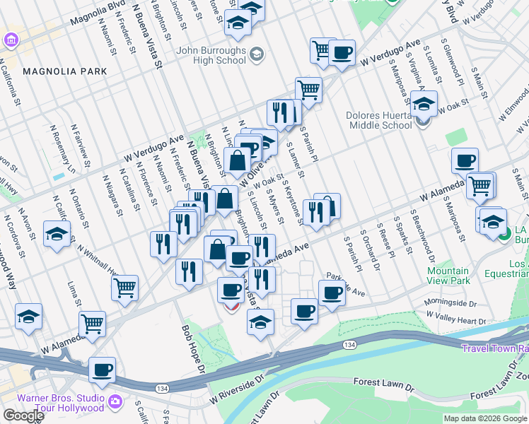 map of restaurants, bars, coffee shops, grocery stores, and more near 238 South Lincoln Street in Burbank