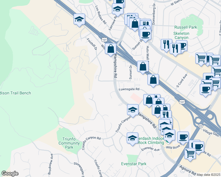 map of restaurants, bars, coffee shops, grocery stores, and more near 569 Hampshire Road in Thousand Oaks
