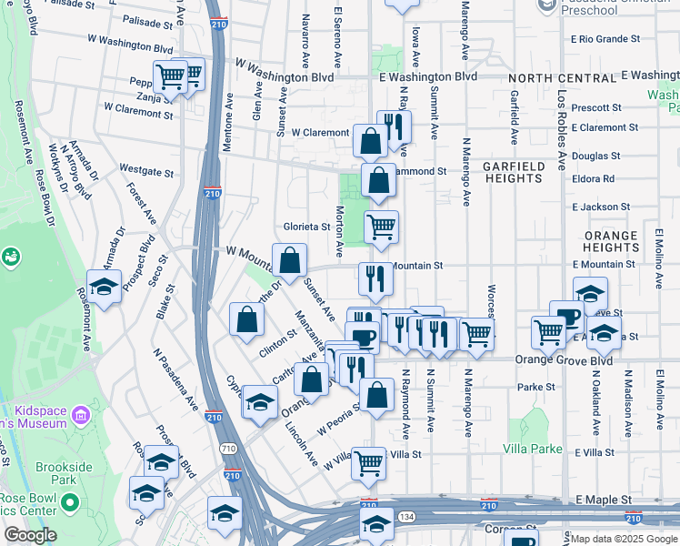 map of restaurants, bars, coffee shops, grocery stores, and more near 70 West Mountain Street in Pasadena