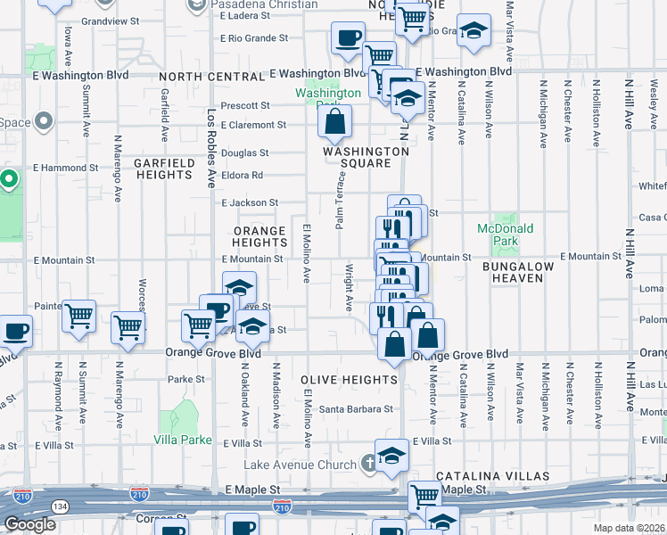 map of restaurants, bars, coffee shops, grocery stores, and more near 720 East Mountain Street in Pasadena