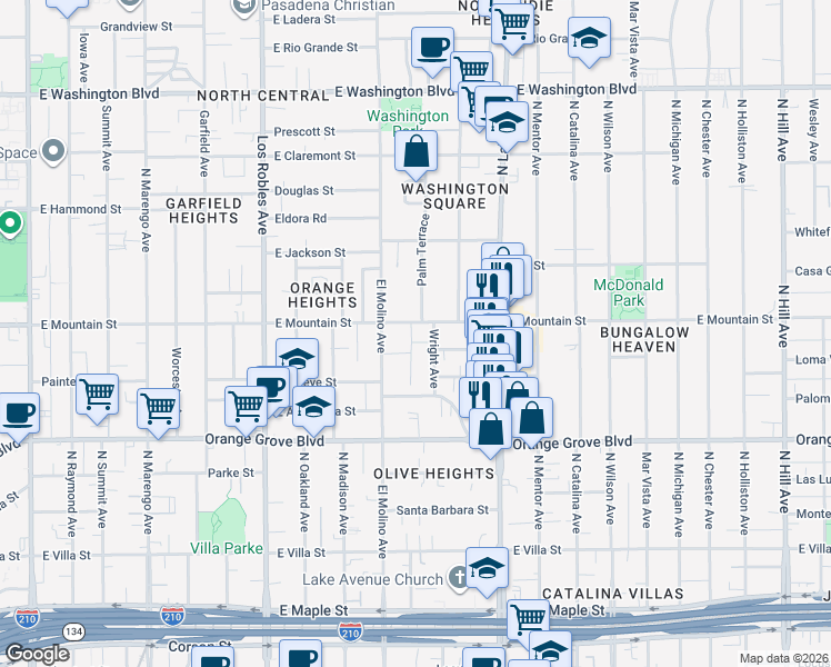 map of restaurants, bars, coffee shops, grocery stores, and more near 720 East Mountain Street in Pasadena