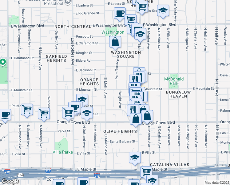 map of restaurants, bars, coffee shops, grocery stores, and more near 734 East Mountain Street in Pasadena