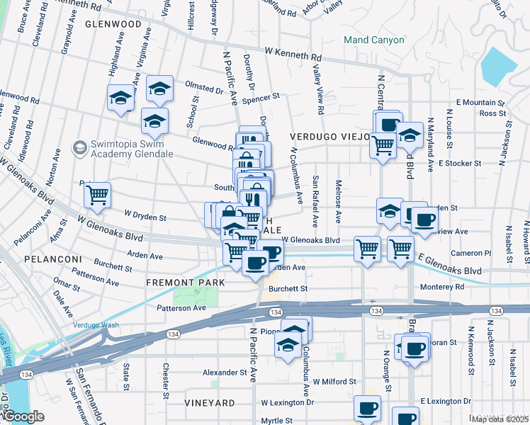 map of restaurants, bars, coffee shops, grocery stores, and more near 455 West Dryden Street in Glendale
