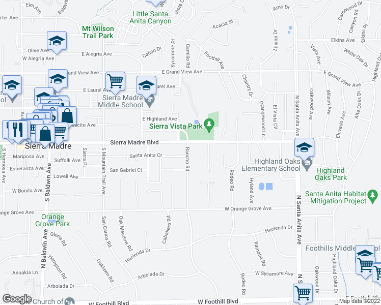 map of restaurants, bars, coffee shops, grocery stores, and more near 48 Rancho Road in Sierra Madre