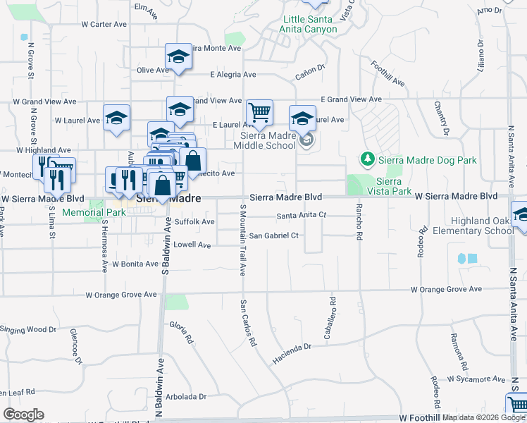 map of restaurants, bars, coffee shops, grocery stores, and more near 273 Santa Anita Court in Sierra Madre