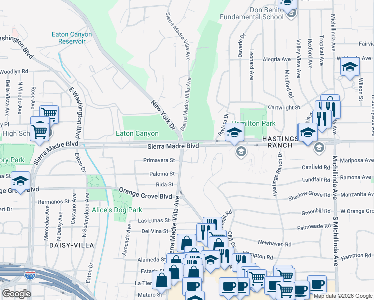 map of restaurants, bars, coffee shops, grocery stores, and more near 866 Sierra Madre Villa Avenue in Pasadena