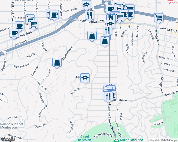 map of restaurants, bars, coffee shops, grocery stores, and more near 5099 Llano Drive in Los Angeles