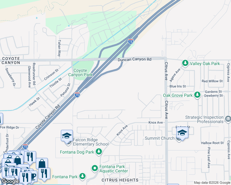 map of restaurants, bars, coffee shops, grocery stores, and more near 5183 Lytle Creek Road in Fontana