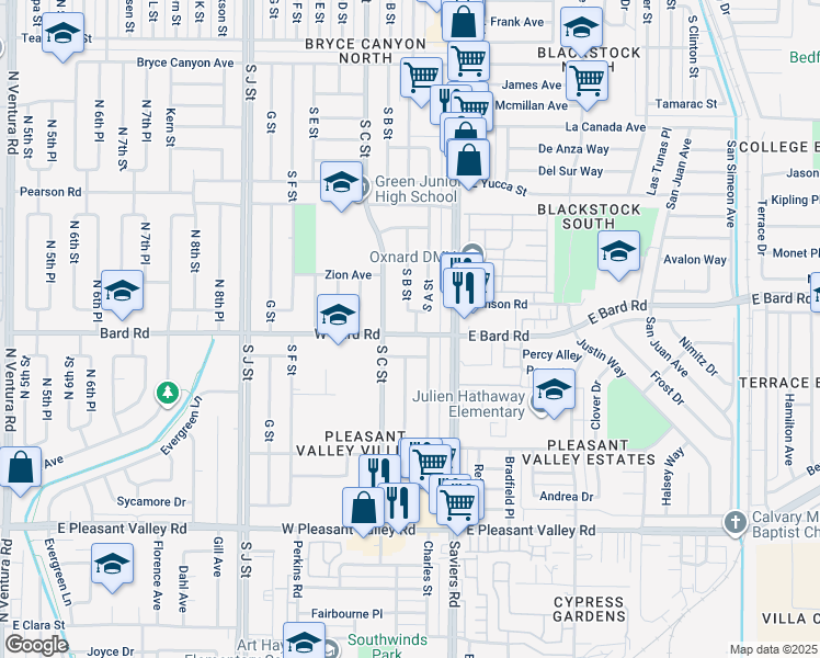 map of restaurants, bars, coffee shops, grocery stores, and more near 247 West Bard Road in Oxnard