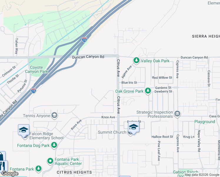 map of restaurants, bars, coffee shops, grocery stores, and more near 16034 Ulysses Lane in Fontana