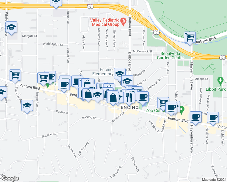 map of restaurants, bars, coffee shops, grocery stores, and more near 4949 Genesta Avenue in Los Angeles