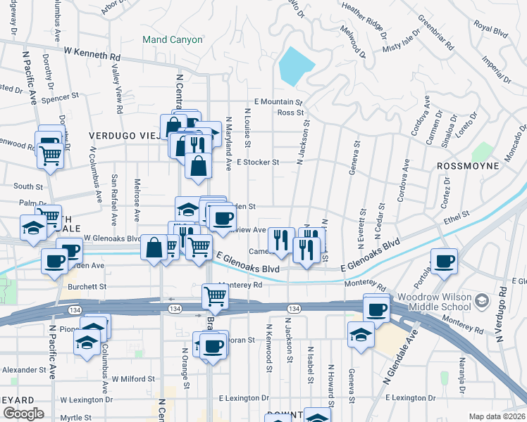 map of restaurants, bars, coffee shops, grocery stores, and more near 320 East Dryden Street in Glendale