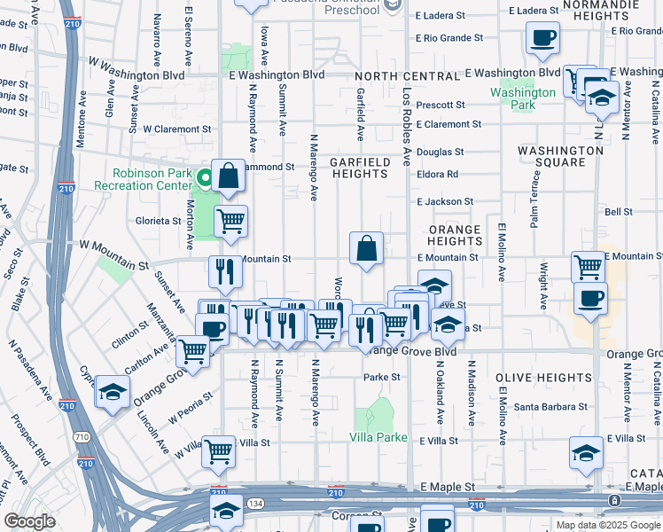map of restaurants, bars, coffee shops, grocery stores, and more near 882 North Marengo Avenue in Pasadena