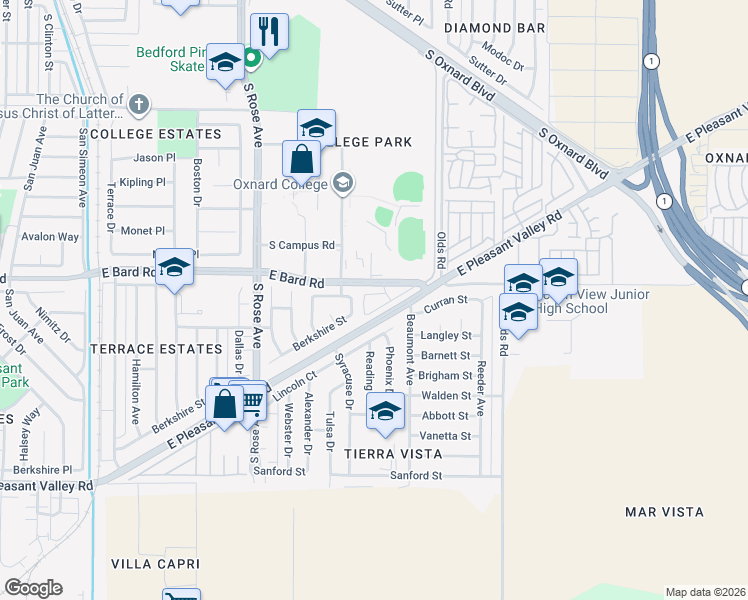 map of restaurants, bars, coffee shops, grocery stores, and more near 2027 East Bard Road in Oxnard