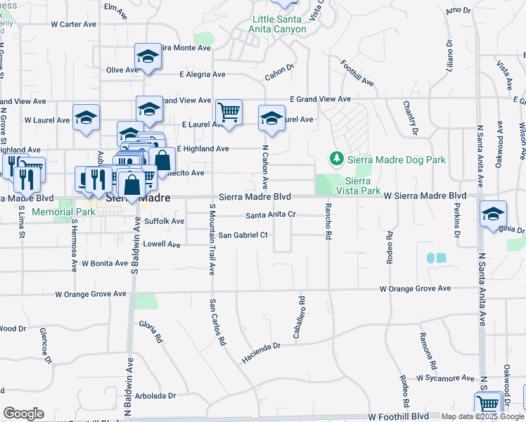 map of restaurants, bars, coffee shops, grocery stores, and more near 327 Santa Anita Court in Sierra Madre