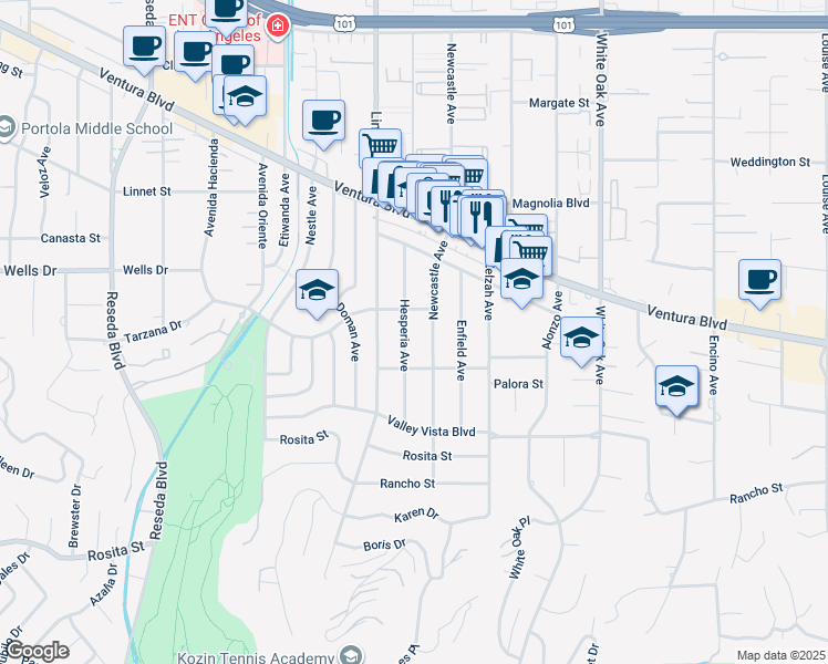 map of restaurants, bars, coffee shops, grocery stores, and more near 5038 Hesperia Avenue in Los Angeles