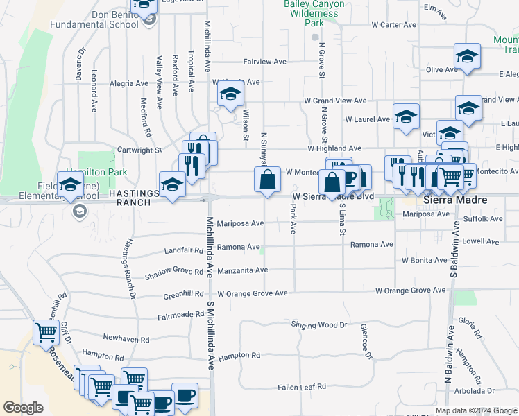 map of restaurants, bars, coffee shops, grocery stores, and more near 590 West Sierra Madre Boulevard in Sierra Madre