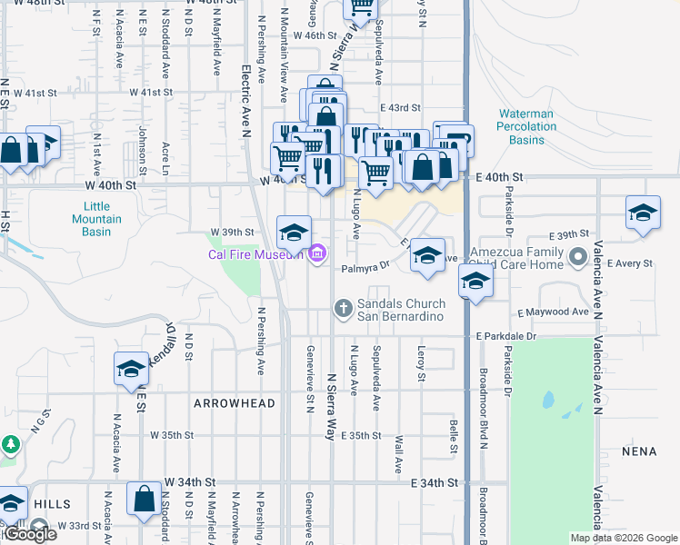 map of restaurants, bars, coffee shops, grocery stores, and more near 3863 North Sierra Way in San Bernardino