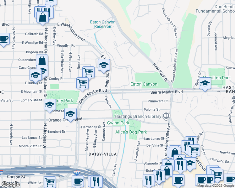 map of restaurants, bars, coffee shops, grocery stores, and more near 3098 East Sierra Madre Boulevard in Pasadena