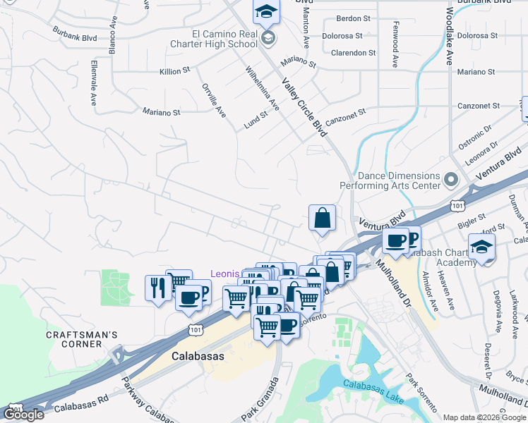 map of restaurants, bars, coffee shops, grocery stores, and more near 5241 Twin Oaks Road in Hidden Hills