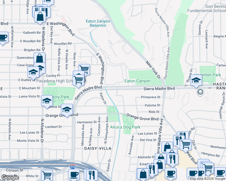 map of restaurants, bars, coffee shops, grocery stores, and more near 3100 East Sierra Madre Boulevard in Pasadena