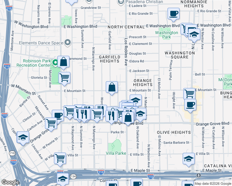 map of restaurants, bars, coffee shops, grocery stores, and more near 895 North Euclid Avenue in Pasadena