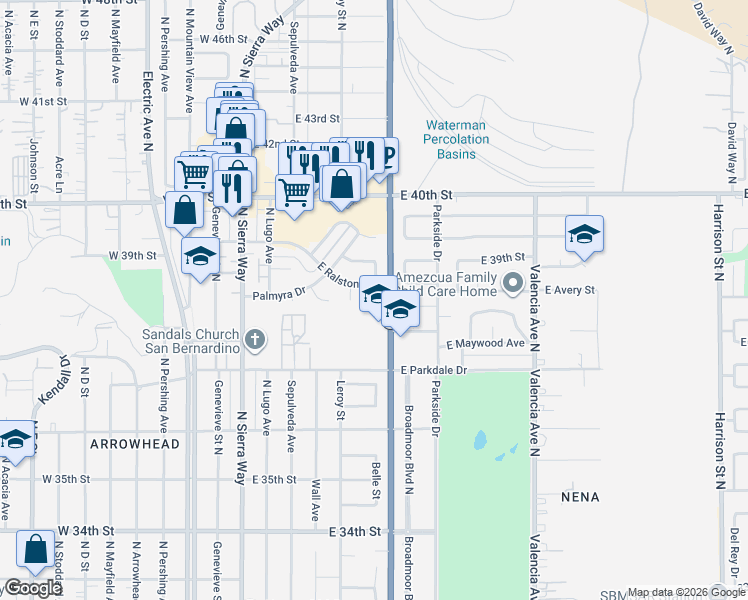 map of restaurants, bars, coffee shops, grocery stores, and more near 3860 North Waterman Avenue in San Bernardino
