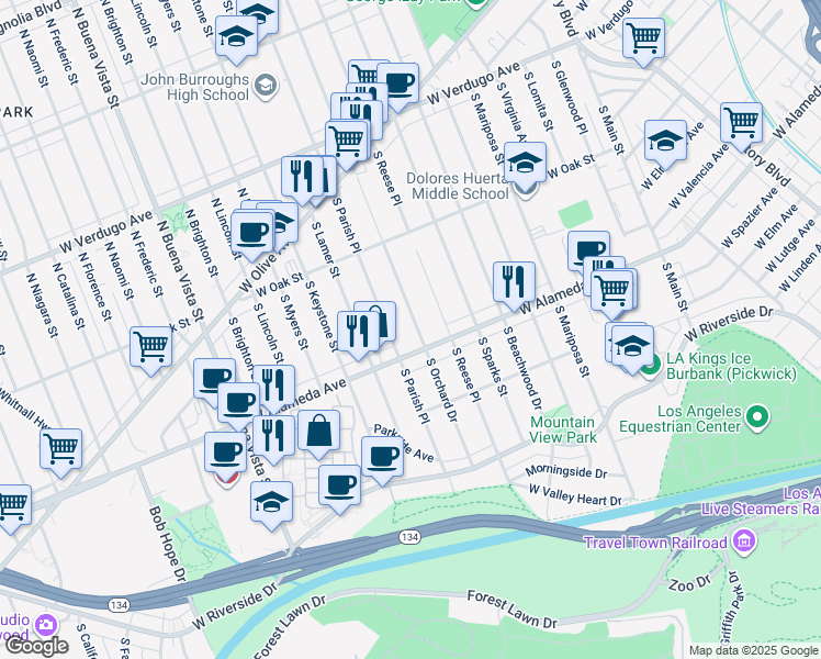map of restaurants, bars, coffee shops, grocery stores, and more near 431 South Orchard Drive in Burbank