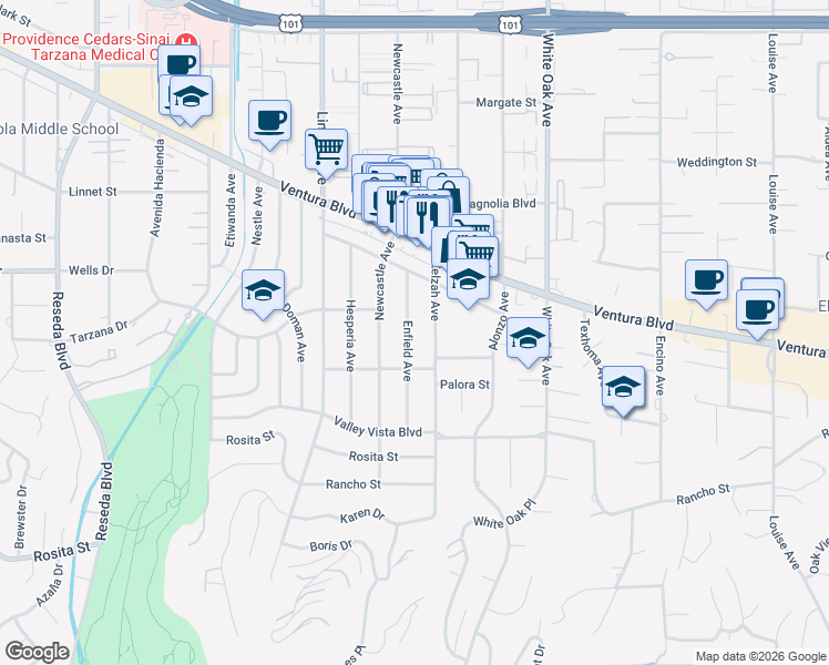map of restaurants, bars, coffee shops, grocery stores, and more near 5040 Enfield Avenue in Los Angeles