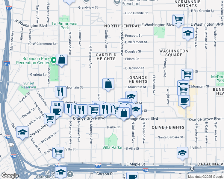 map of restaurants, bars, coffee shops, grocery stores, and more near 895 North Euclid Avenue in Pasadena