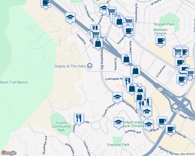 map of restaurants, bars, coffee shops, grocery stores, and more near 575 Hampshire Road in Westlake Village