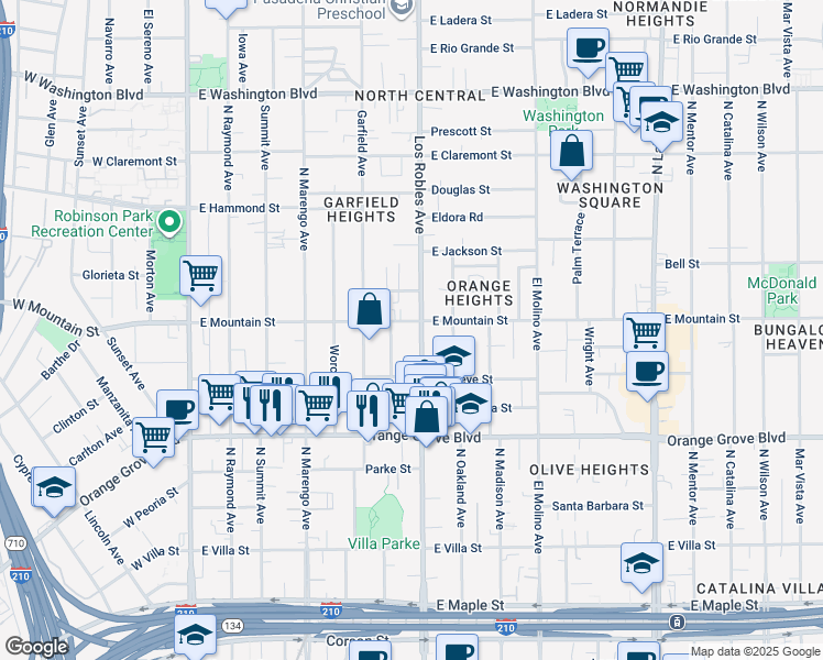map of restaurants, bars, coffee shops, grocery stores, and more near 895 North Los Robles Avenue in Pasadena
