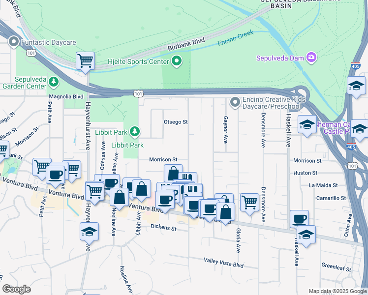 map of restaurants, bars, coffee shops, grocery stores, and more near 5157 Woodley Avenue in Los Angeles
