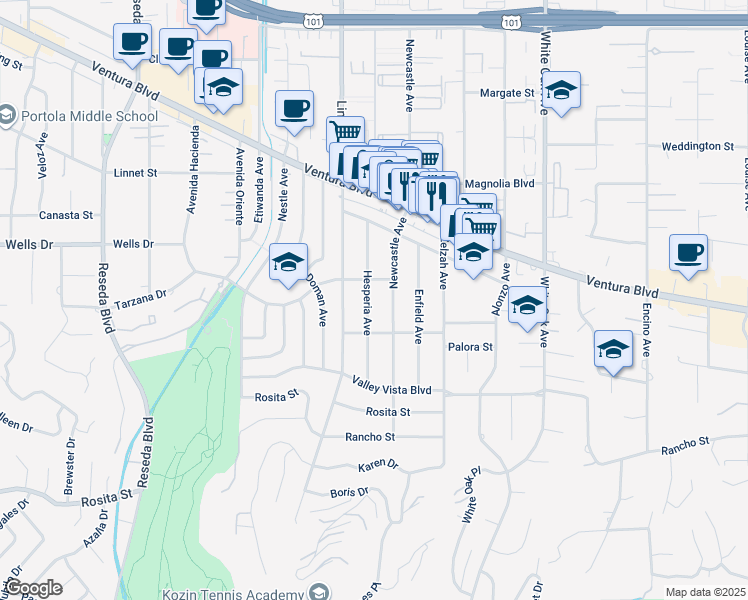map of restaurants, bars, coffee shops, grocery stores, and more near 5038 Hesperia Avenue in Los Angeles