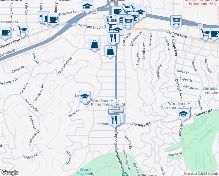map of restaurants, bars, coffee shops, grocery stores, and more near 22025 Lopez Street in Los Angeles