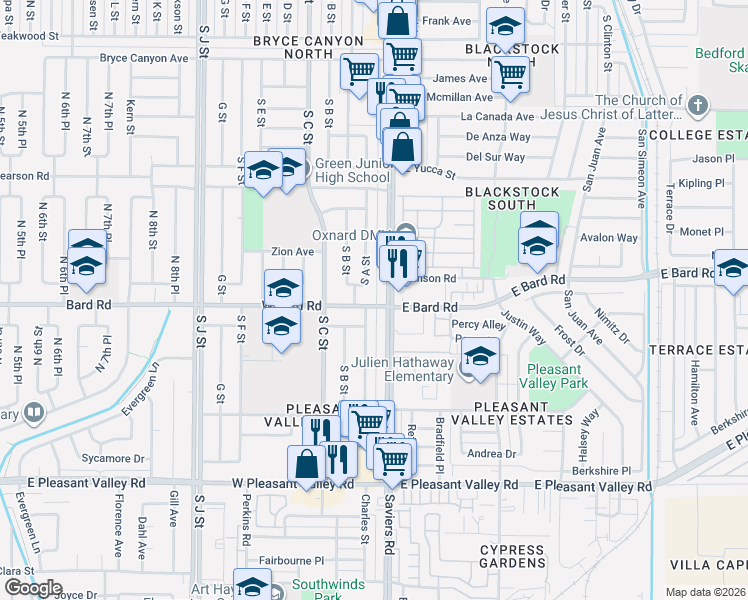 map of restaurants, bars, coffee shops, grocery stores, and more near in Oxnard
