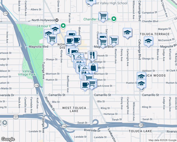 map of restaurants, bars, coffee shops, grocery stores, and more near 11014 Morrison Street in Los Angeles