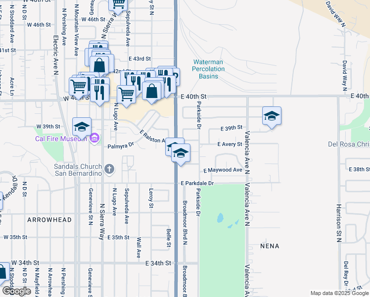 map of restaurants, bars, coffee shops, grocery stores, and more near 342 Echo Court East in San Bernardino