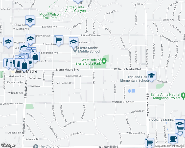 map of restaurants, bars, coffee shops, grocery stores, and more near 51 Rancho Road in Sierra Madre