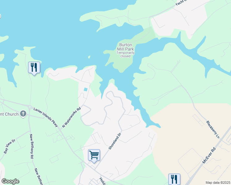 map of restaurants, bars, coffee shops, grocery stores, and more near 3456 Shoreland Drive in Buford
