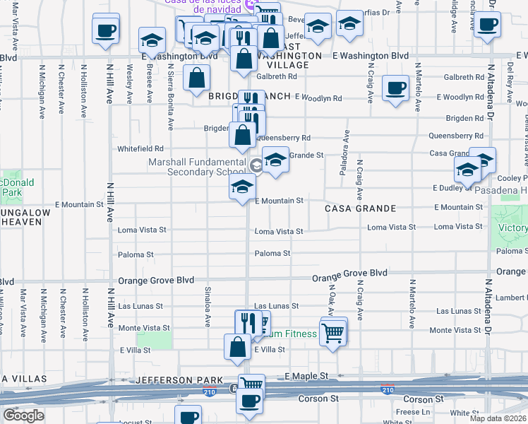map of restaurants, bars, coffee shops, grocery stores, and more near 872 Victoria Drive in Pasadena