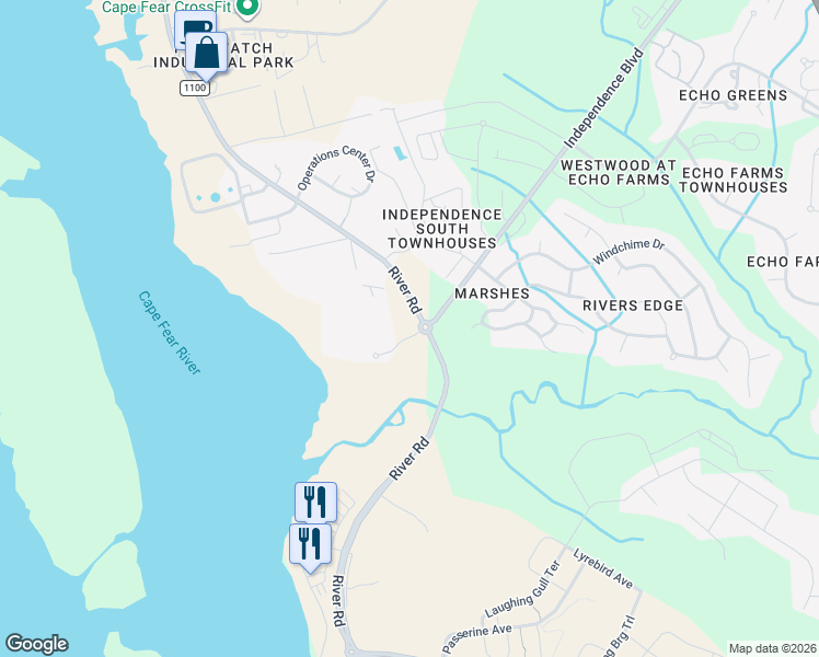 map of restaurants, bars, coffee shops, grocery stores, and more near State Road 1100 in Wilmington