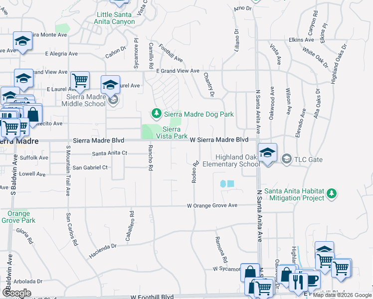 map of restaurants, bars, coffee shops, grocery stores, and more near 1634 Old Oak Lane in Arcadia