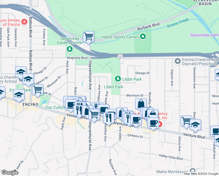 map of restaurants, bars, coffee shops, grocery stores, and more near 5000 Noeline Avenue in Los Angeles