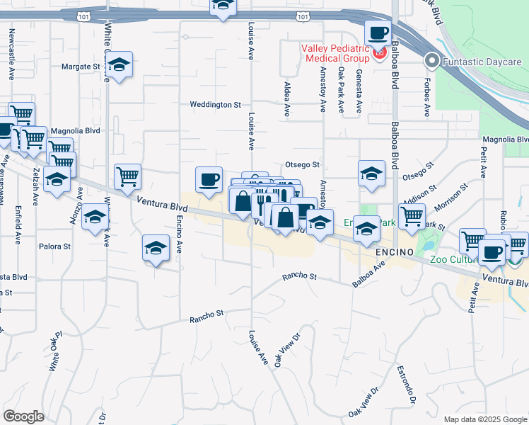 map of restaurants, bars, coffee shops, grocery stores, and more near 17257 Ventura Boulevard in Los Angeles