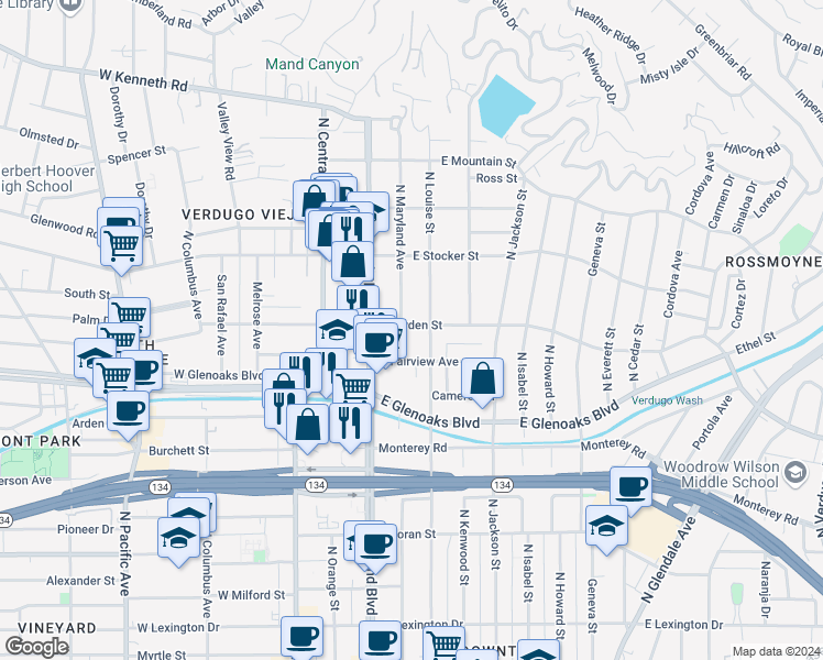 map of restaurants, bars, coffee shops, grocery stores, and more near 1134 Campbell Street in Glendale