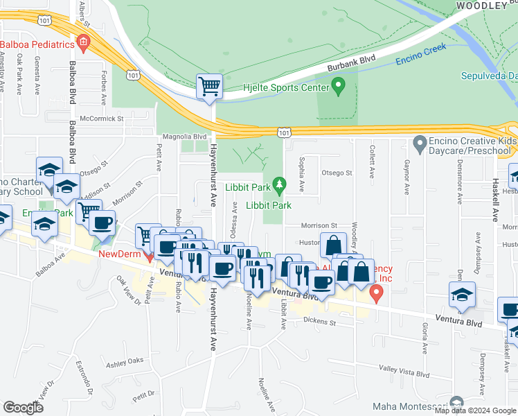 map of restaurants, bars, coffee shops, grocery stores, and more near 5000 Noeline Avenue in Los Angeles