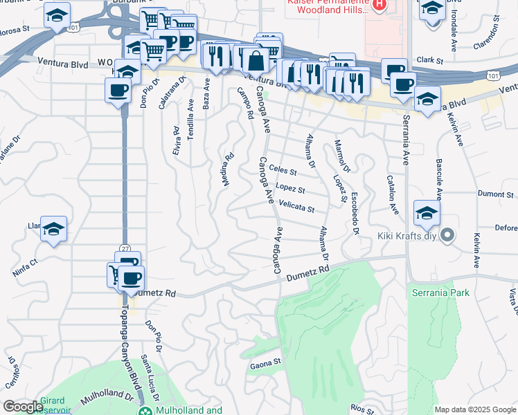map of restaurants, bars, coffee shops, grocery stores, and more near 21422 Velicata Street in Los Angeles