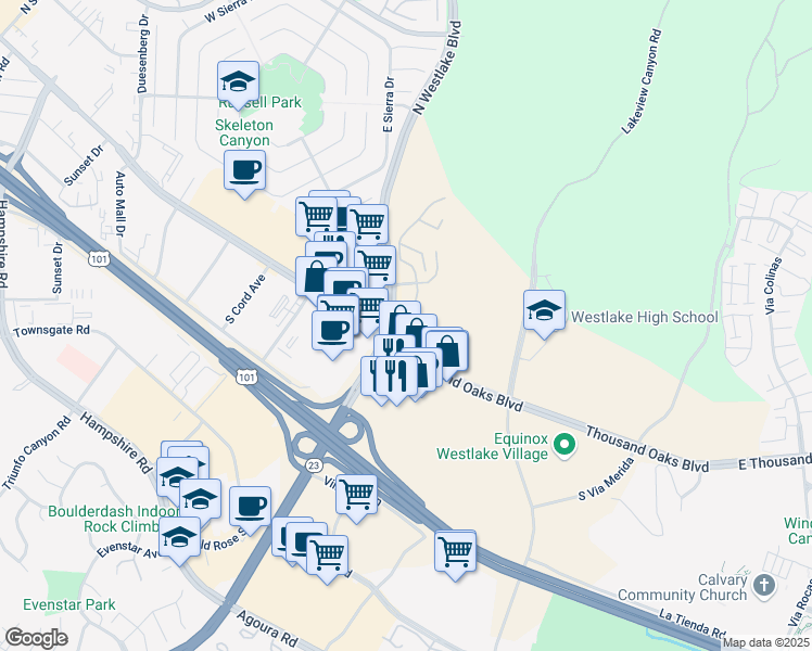 map of restaurants, bars, coffee shops, grocery stores, and more near 4000 East Thousand Oaks Boulevard in Thousand Oaks