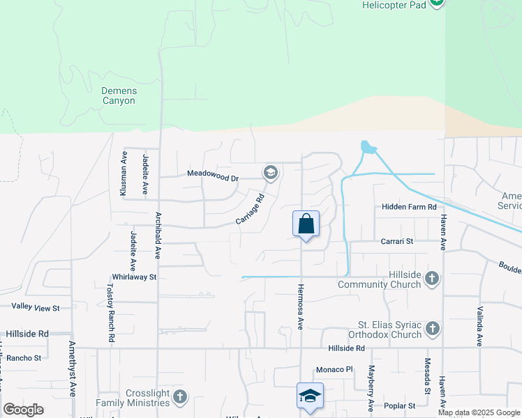 map of restaurants, bars, coffee shops, grocery stores, and more near 5101 Carriage Road in Rancho Cucamonga